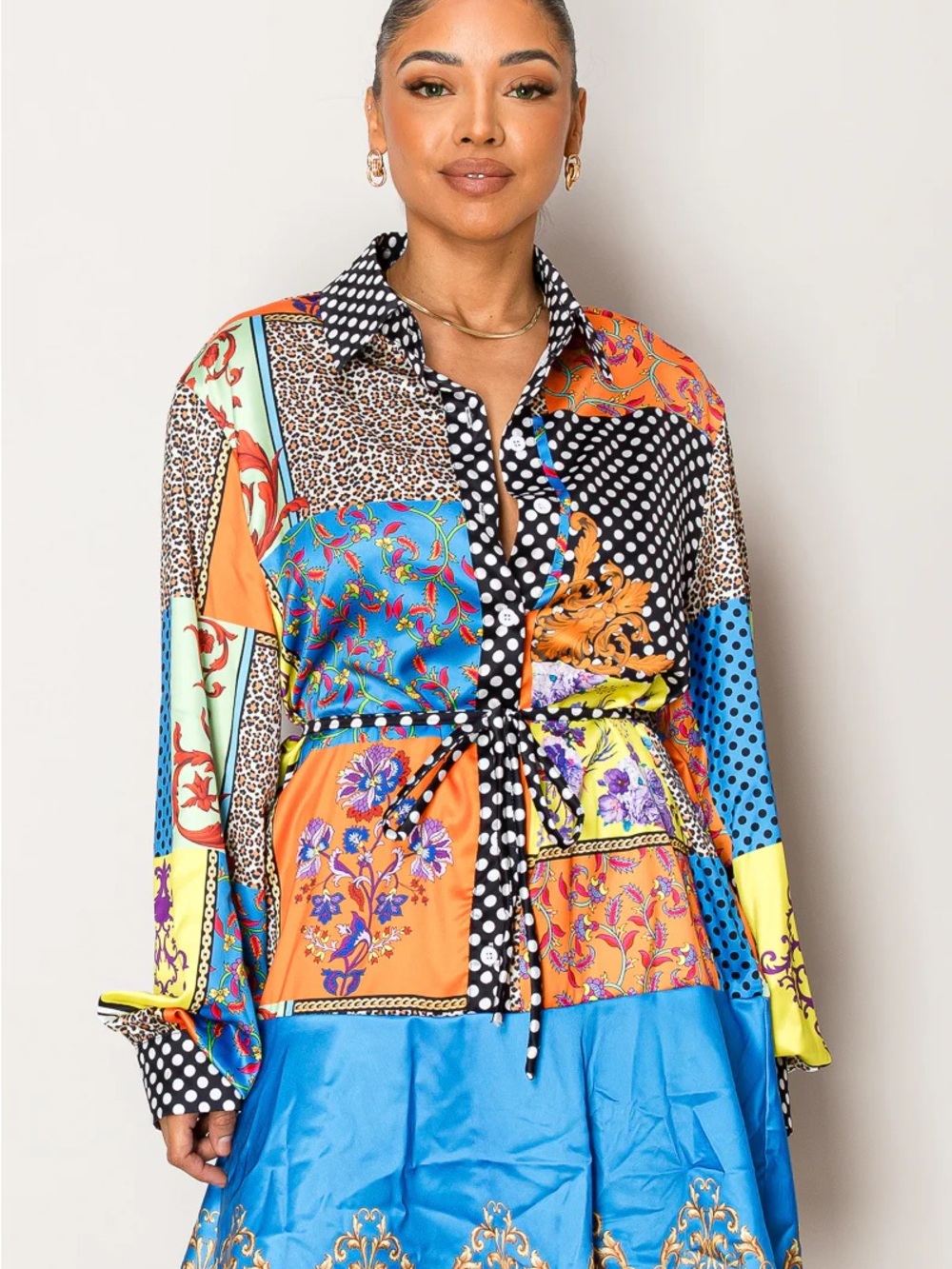 Multicolor Patchwork Satin Shirt Dress with Tie Waist